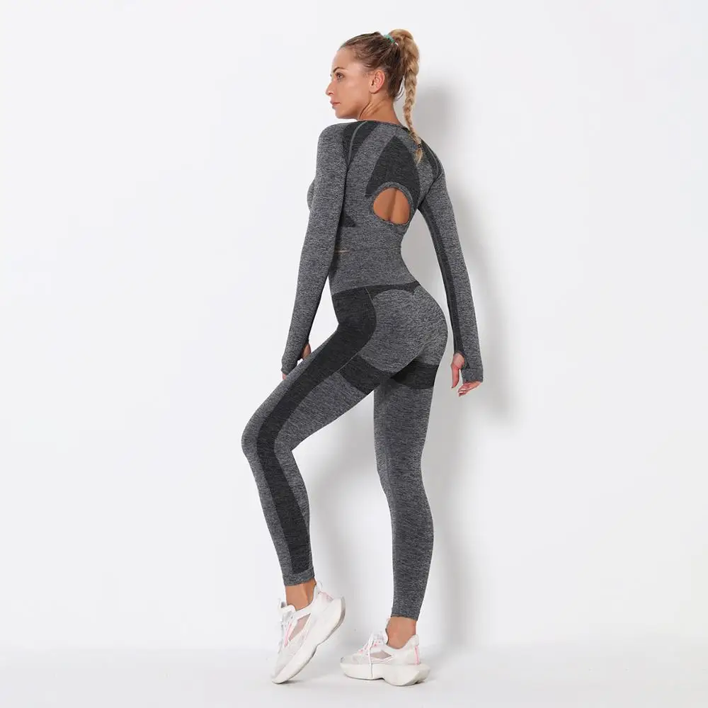 

SALSPOR Workout Set For Women Long Sleeve Color Matching Backless Push Up Tops Female High Waist Seamless Fitness Suits Girl
