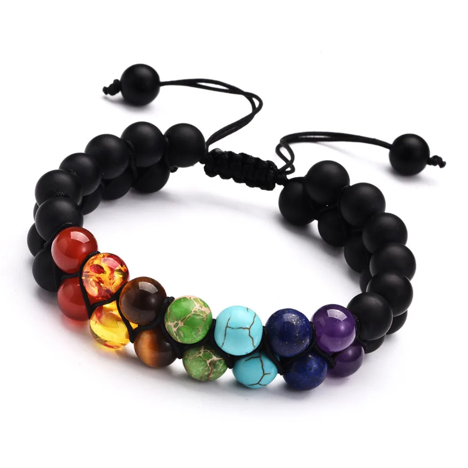Multilayer Weave 7 Chakra Bead Bracelet Black Lava Stone Yoga Double Adjustable Size Jewelry | Украшения и аксессуары