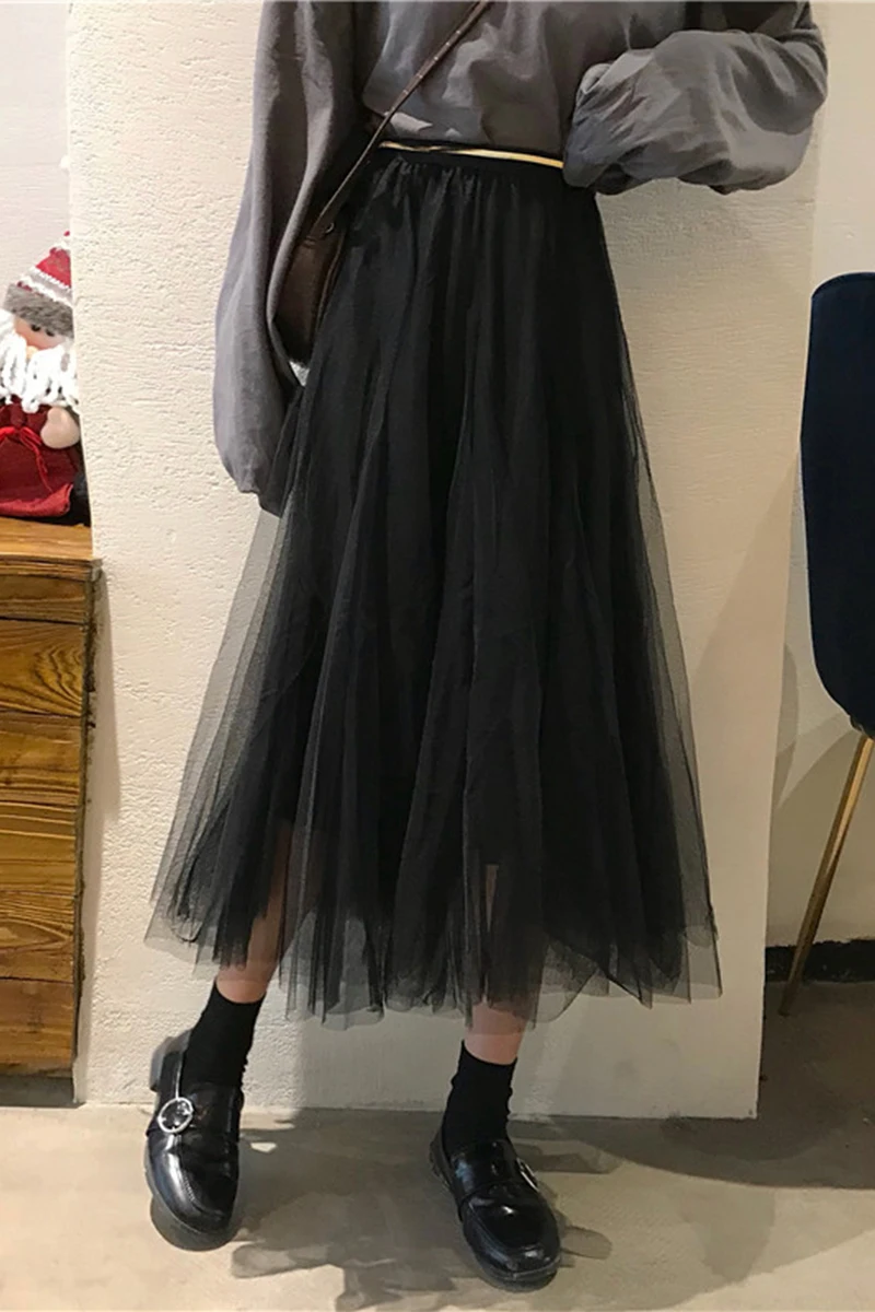

2020 Spring Summer Vintage Skirts Womens Elastic High Waist Tulle Mesh Skirt Long Pleated Tutu Skirt Female Jupe Longue2020
