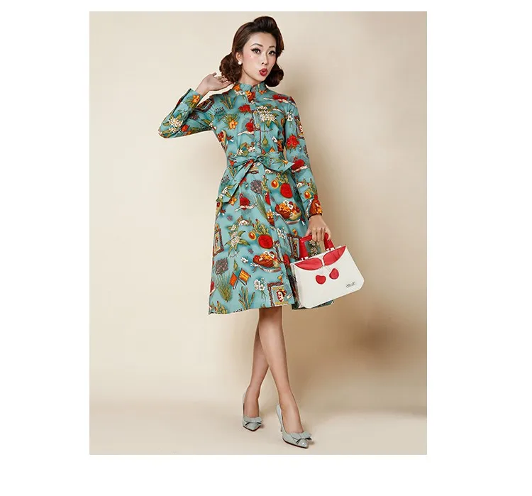 Женское винтажное платье с длинным рукавом зеленое в стиле 50 х ремнем|Женские