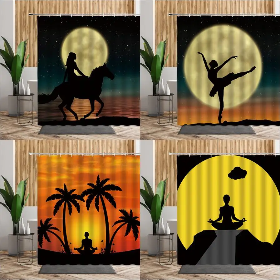 

Sports Girl Shower Curtain Ballet Yoga Beauty Women Photo Bathroom Decor Creative Night Scenery Bath Fabric Waterproof Curtains