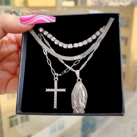 punk hip hop silver color snake chain necklaces for women bling crystal tennis chain cross virgin mary pendant necklace bijoux