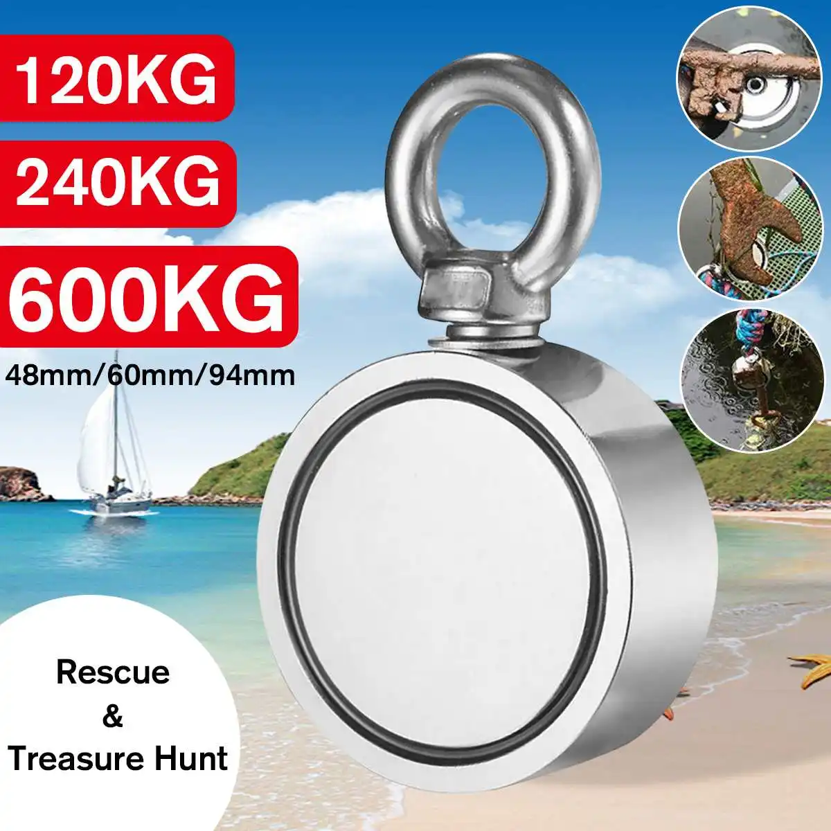 600Kg / 120Kg D94 / 48Mm Strong Neodymium Magnet Double Side Search Magnet Hook Strong Power Deep Sea Salvage Fishing Magnet