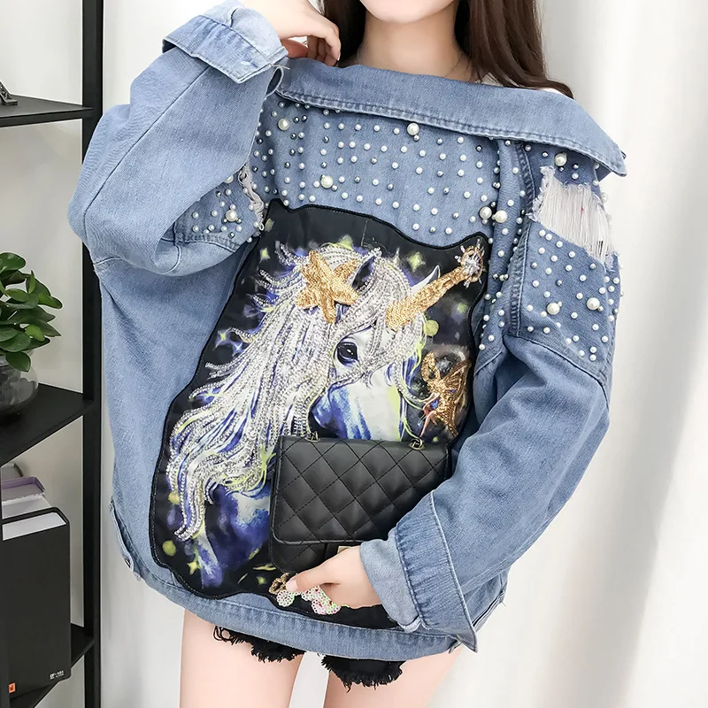 

Winter Autumn 2020 New cowboy coat Beaded Sequins Hole Loose Casual Denim Jacket Cartoon Print Female Student jean jacket