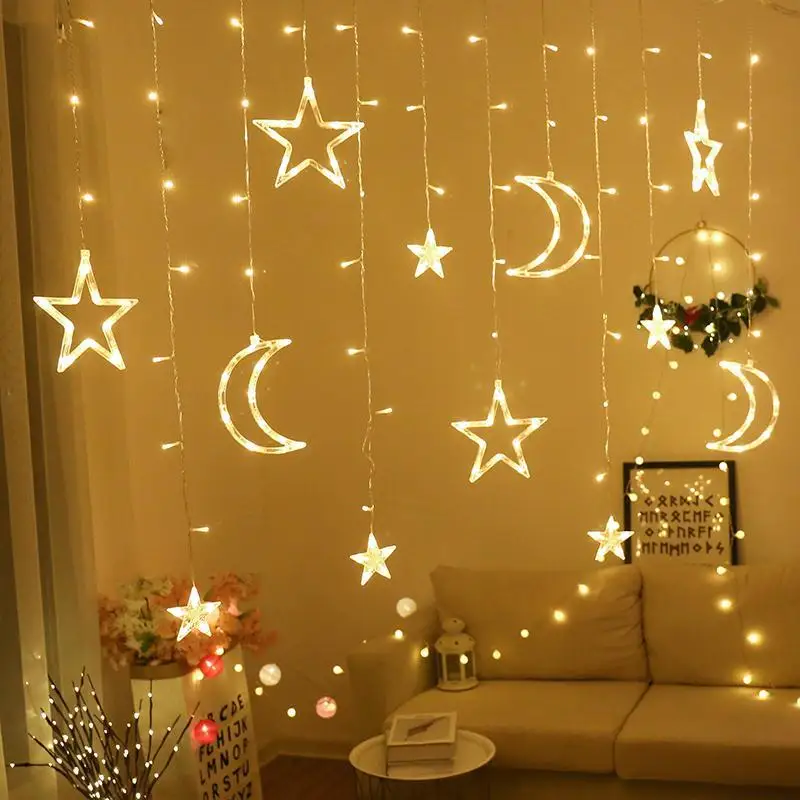 

220V LED Moon Stars Lamp Hanging Light Christmas Garland Fairy String Lights Outdoor Wedding Birthday Party New Year Decor