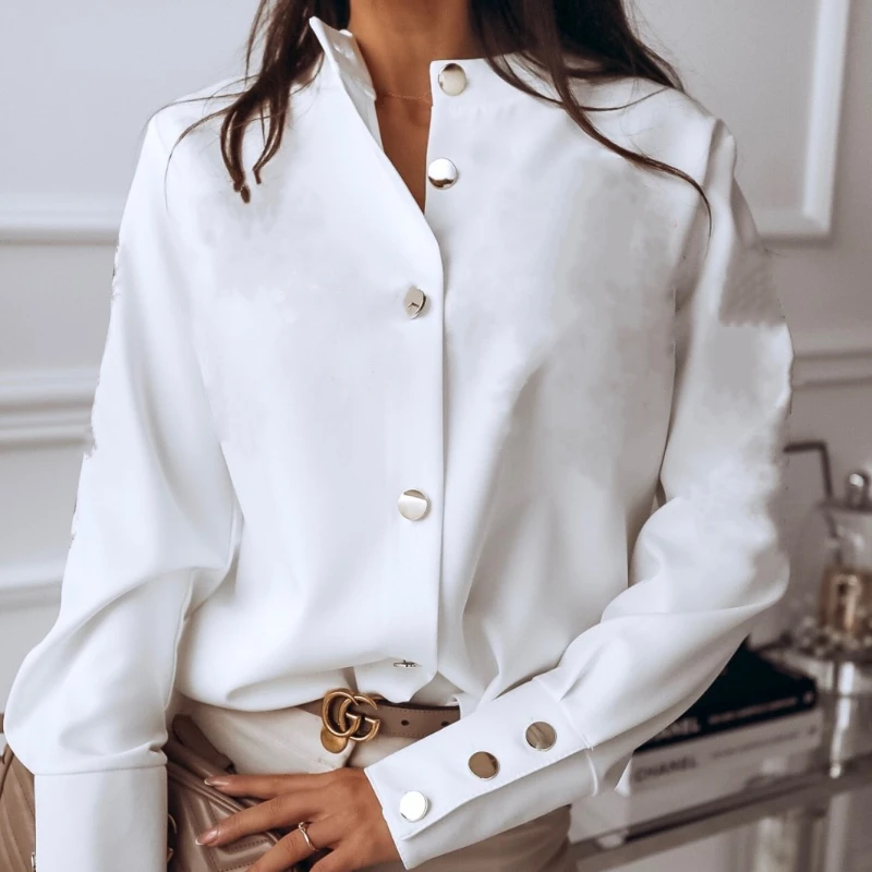 

2021 Autumn Simple Women's Fashion Long-sleeved Solid Color Single-row Multi-button Straight Type Temperament Shirt Top Women