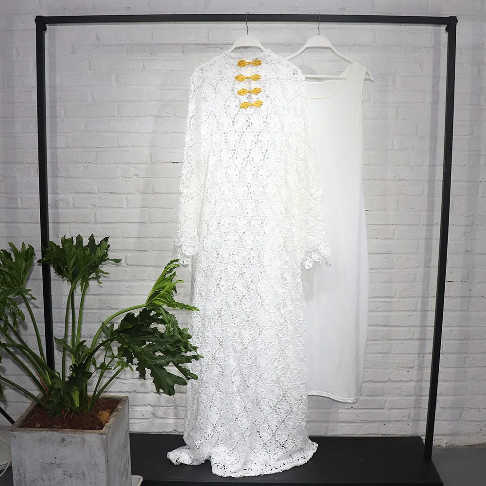 

Large White Dresses To Floor Two-piece Set With Inner Africa America Woman Clothes Long Robe Pull World Apparel Lace Hollow out