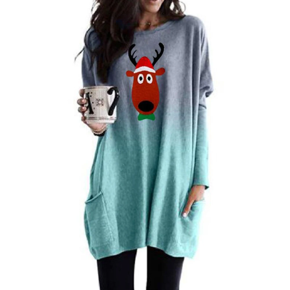 

#w Merry Christmas Deer Printed Women T Shirt Fashion Pockets Full Sleeve Crewneck Long Tunic Large Size Gradient Color Tops