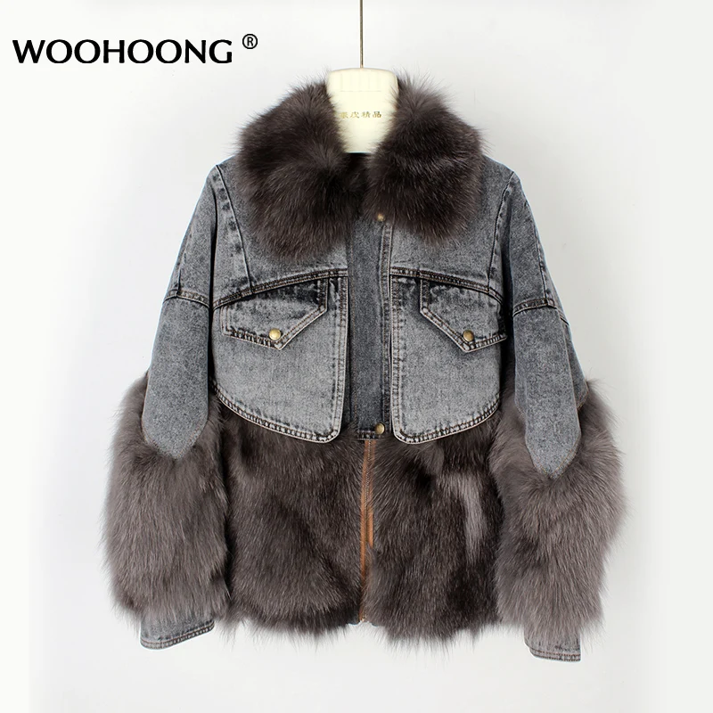 

Women's Natural Fox Fur Jacket Real Fur Coat Stitching Denim Jacket Loose Down Liner Street Wear
