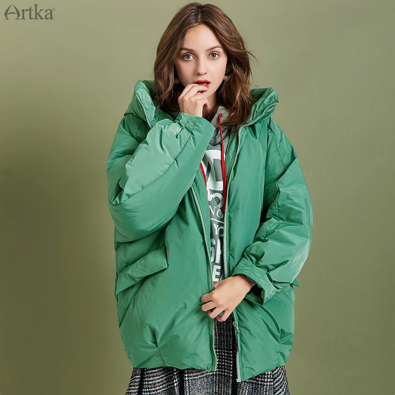 

ARTKA 2019 зимнее Новое Женское пуховое пальто 80% белый утиный пух очень теплая верхняя одежда оверсайз с капюшоном пуховик для женщин ZK10494D