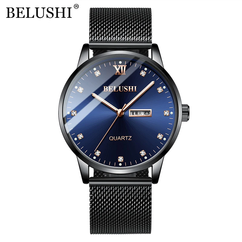 

BELUSHI Fashion Watch Men Steel Mesh Belt Waterproof Quartz Wrist Watch Top Brand Luxury Calendar Date Business Mens Watches