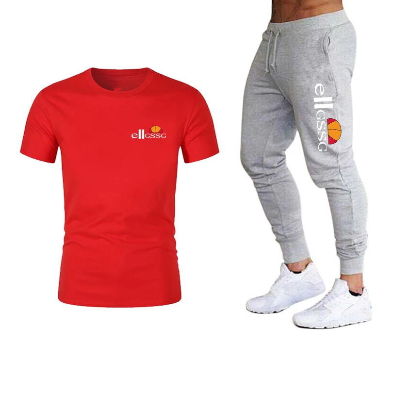 

Men's breathable heat dissipation sportswear wear-resistant and comfortable round neck T-shirt solid color printed trousers