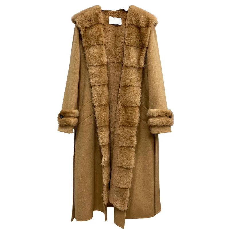 

Женское двустороннее кашемировое пальто, приталенное пальто из овечьей шерсти с поясом и воротником из натурального меха норки, зима 2021