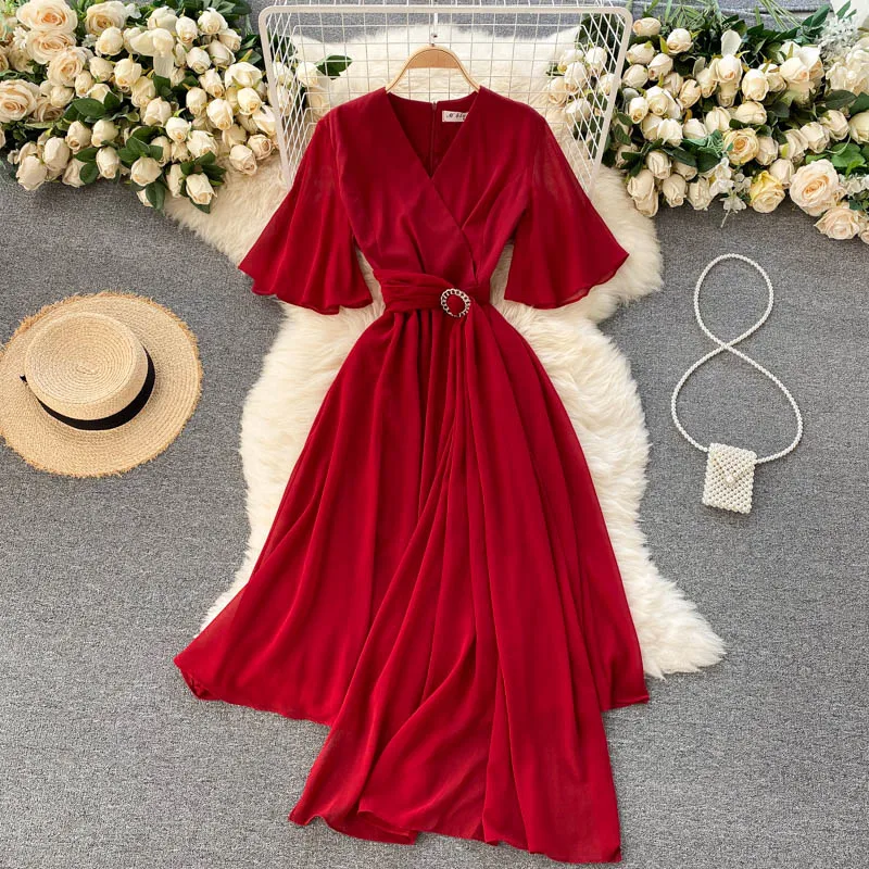 

Summer 2021 New Fashion Temperament Vestidos Women's Elegant Chiffon V-neck Flared Sleeve Midi Dress GK284