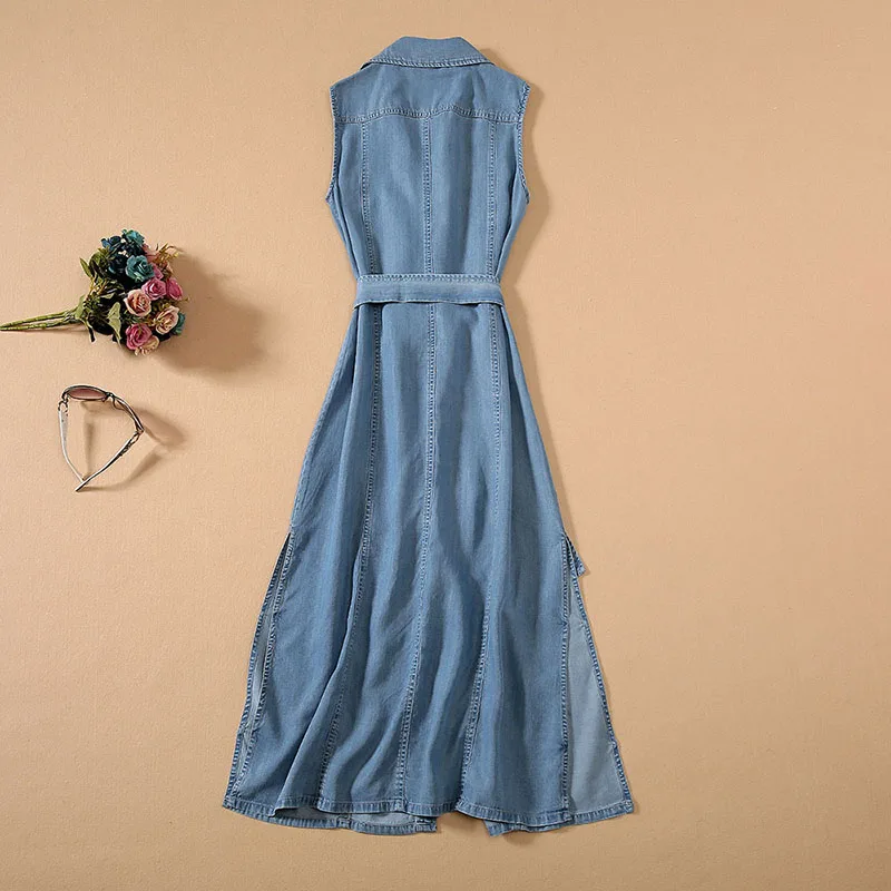 

High Quality Denim Long Dress 2020 Summer Casual Women Turn-down Collar Chest Pocket Deco Split Sexy Sleeveless Blue Jeans Dress