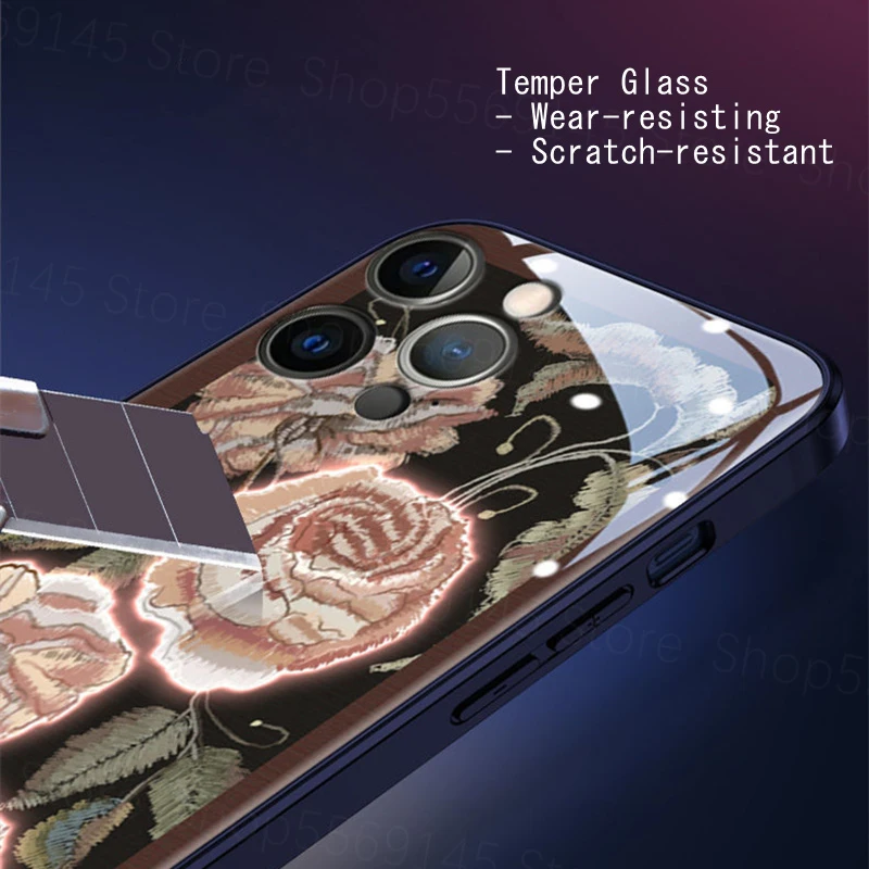 Luxury Bright Red Rose Peony Flowers Phone Case For iPhone 12 11 Pro Xs Max Mini XR SE 7 8 Soft Call LED Luminous Fundas Cover
