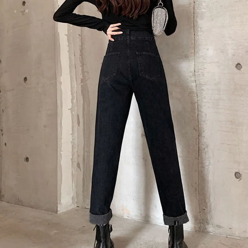 

Jeans Women Solid Winter Thickening High Waist Vintage All-match Loose Harem Womens Trousers Streetwear BF Unisex Harajuku Daily