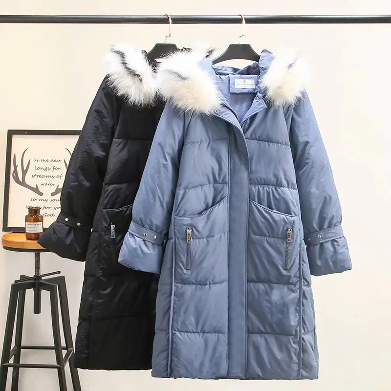 Женская зимняя куртка с капюшоном длинная однотонная модная меховым воротником
