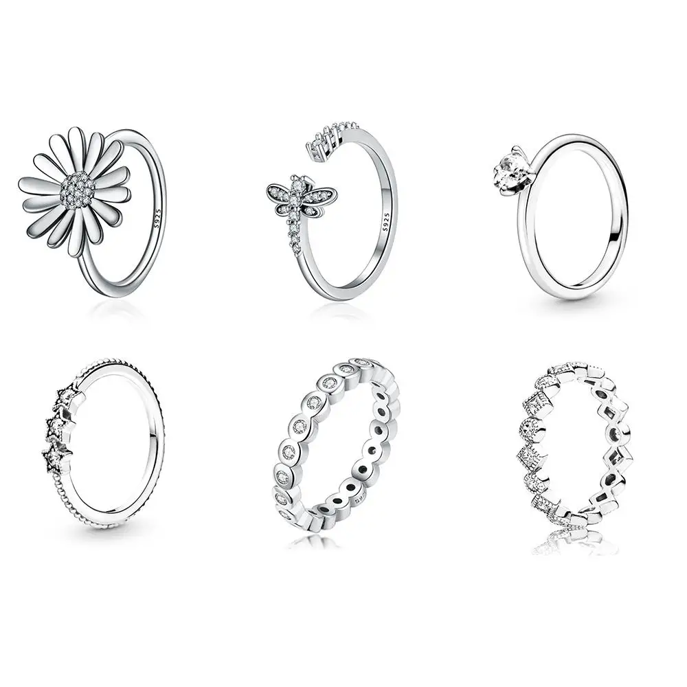 

925 Sterling Silver Ring Charms Daisy Butterfly Five-pointed Star Shape Cz Finger Ring For Women Party Jewelry