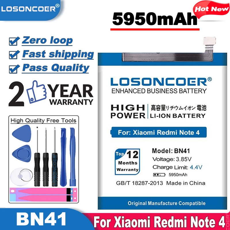 Аккумулятор LOSONCOER 5950 мАч BN41 BN41L BN41H мобильный телефон для Xiaomi Redmi Note 4 / Hongmi 4X Pro MTK Helio