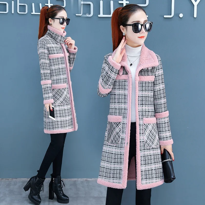 2019 Розовый Ретро Тонкий Хаундстут пальто осень и зима плюс бархат утолщение