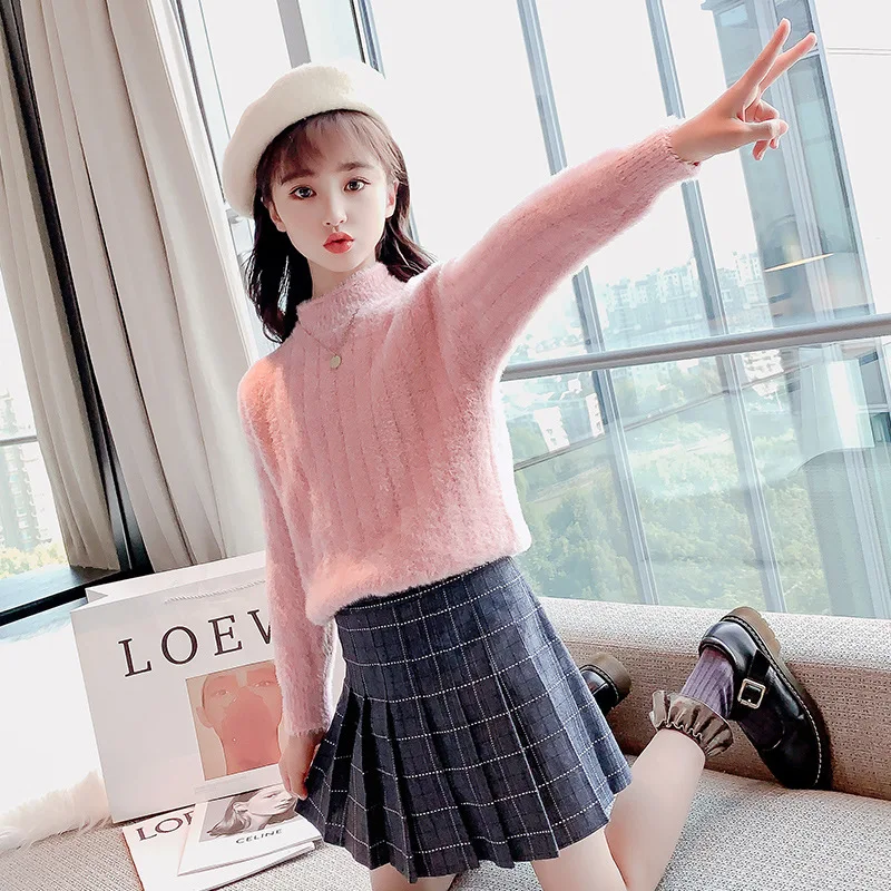 

Winter Knitted Sweater Kids 2021 Teenage Soft Mink Velvet Knitted Clothes Autumn Girls Solid Color Thicken Knitwear Clothes 12Y