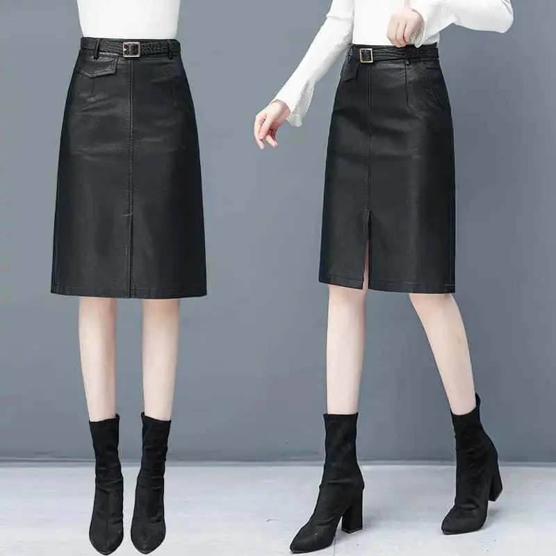 

Female PU Faux Leather Skirt Female Autumn 2021 Mid-length Skirt Plus Size Sexy Club Bandage Skirt Faldas Jupe Belt 344
