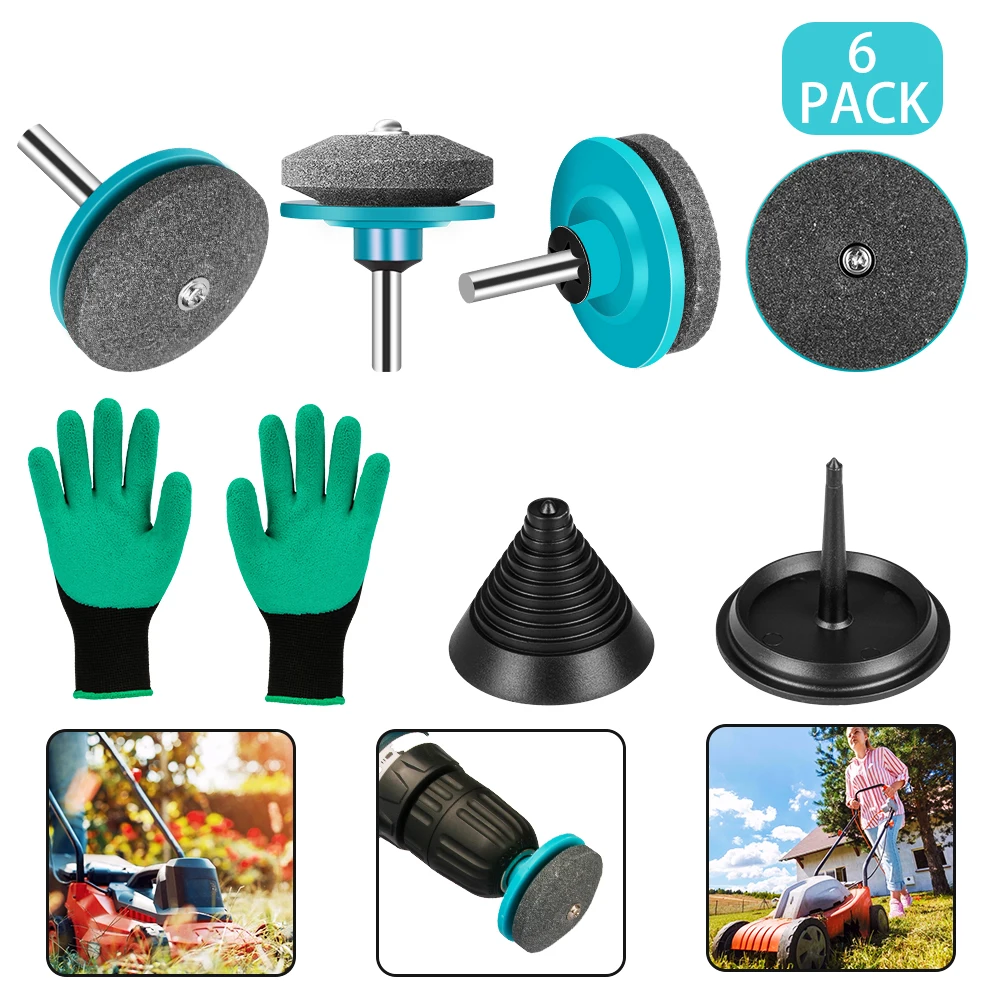 

6pcs Lawn Mower Blade Sharpener Kit Universal Lawnmower Sharpen Blade Balancer Gloves for Drill Sharpening Stone Mower Tools