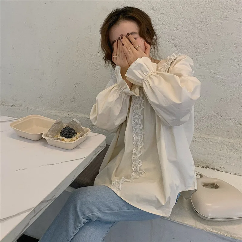 

Peter Pan Collar Sweet Chic Ruffles Lace Up Hollow Out Shirt Elegant Mild Streetwear Early Spring Outgoing Shirt 2021 New Blouse