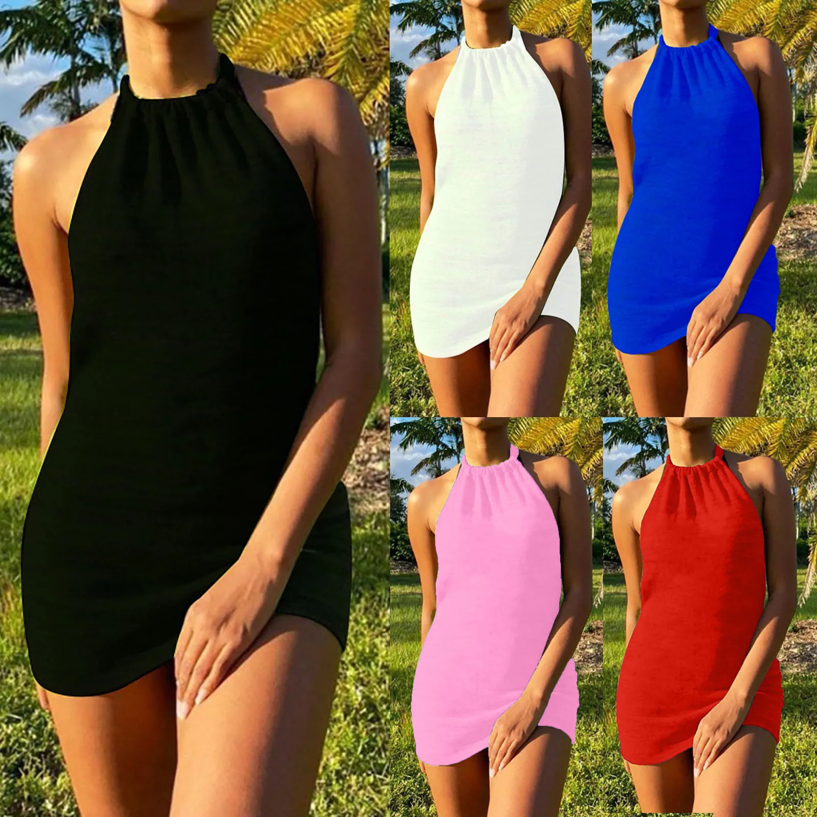 

Dress 2021 Women Fashion Summer Casual Solid Ladies Slim Beach Ladies Halter Straps Sexy Party Dresses