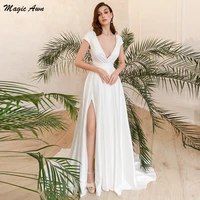 magic awn modest satin wedding dresses simple 2021 v neck side split boho mariage gowns a line country cheap vestidos de novia