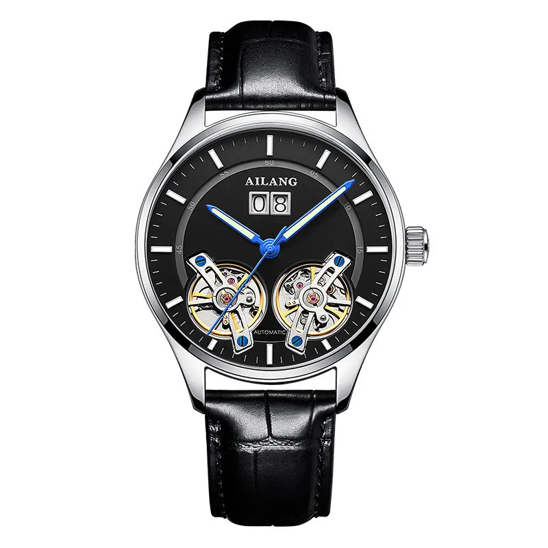AILANG Лидирующий бренд Роскошные водонепроницаемые спортивные двойные Tourbillon Мужские часы Военные автоматические механические часы мужские часы с календарем - Цвет: Leather 04