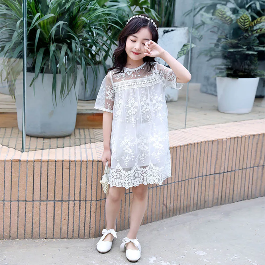 Summer Dress Girl White Color Dresses For Casual Style Kids Flower Embroidery Childrens Clothing | Детская одежда и обувь