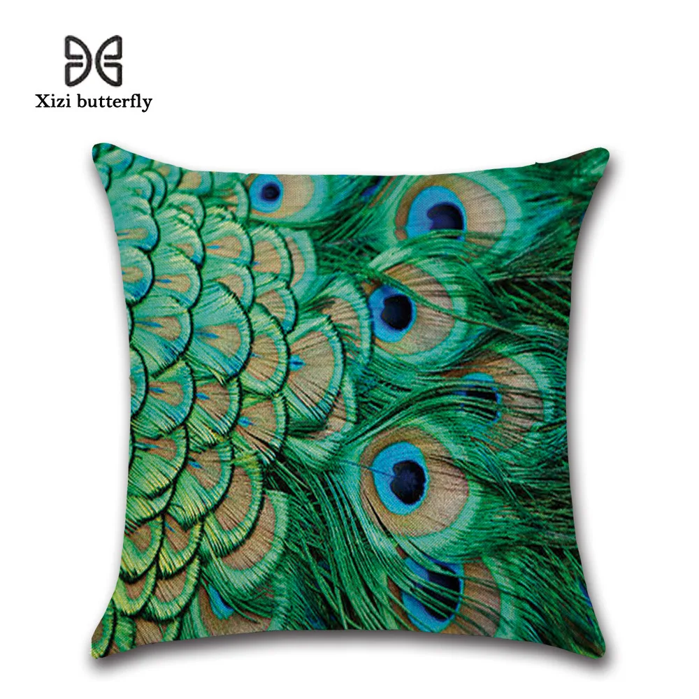 Декоративный Чехол-Подушка с павлиньими перьями и животными льняной