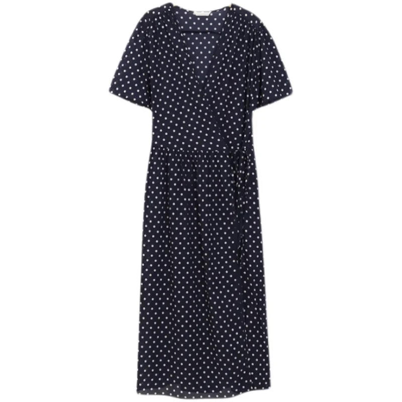 

French style summer vintage polka dor dress women v-neck slim lace up chiffon dress
