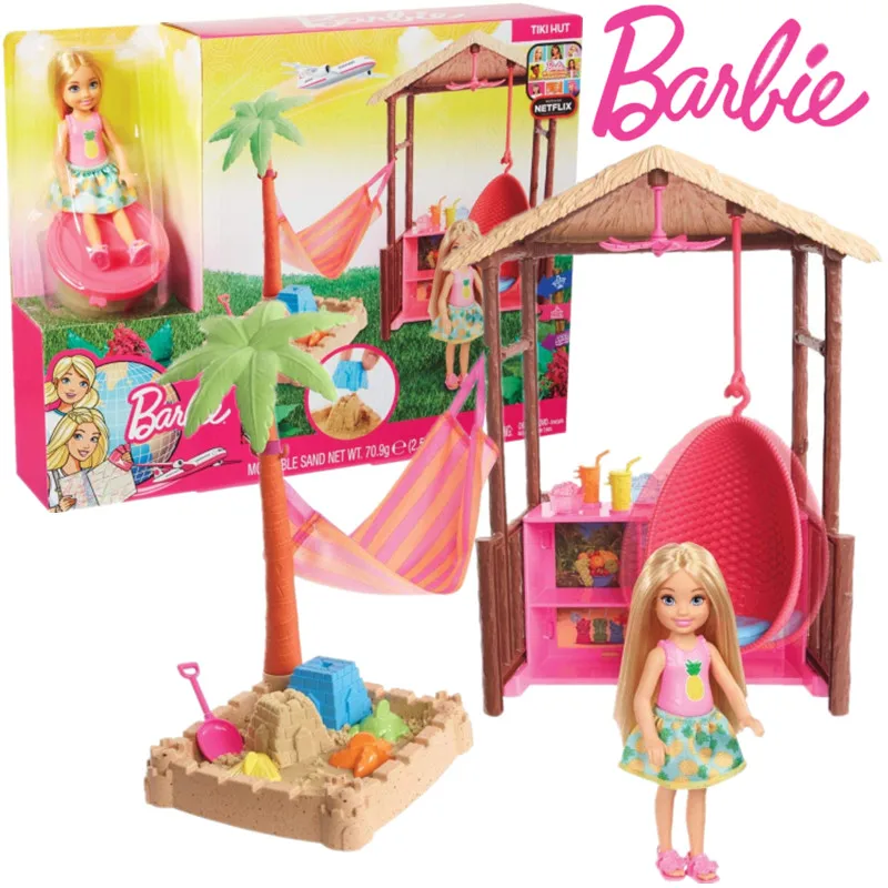 

Barbie Chelsea Doll Tiki Hut Playset With Beach Accessory Play House Doll Set Toy Girl Brinquedos Gift FWV24