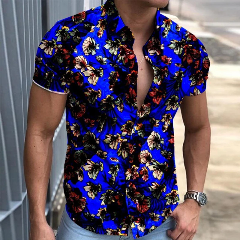 

2021 Summer Short Sleeve Tops Mens Fashion Streetwear Vintage Floral Print Beach Shirts Casual Men Button Turn-down Collar Shirt