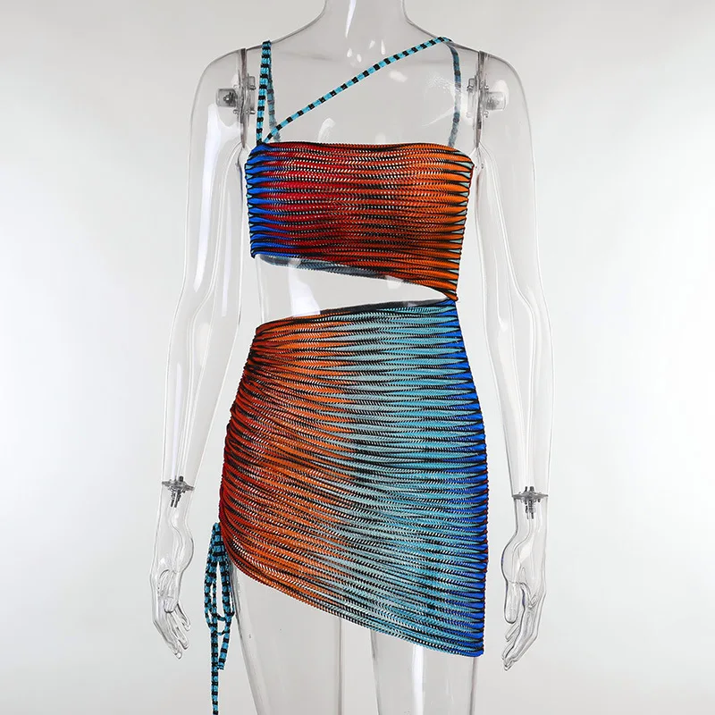 

hirigin Sexy Drawstring Hollow Out Bodycon Mini Dress Club Outfits for Women Fashion 2021 Colorful Striped Dresses