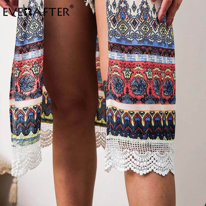 

EVERAFTER Beach Cover Up Vintage Floral Print Women Shirt Lace Patchwork Kimono Beach Cardigan Summer Holiday Female Blouse Tops