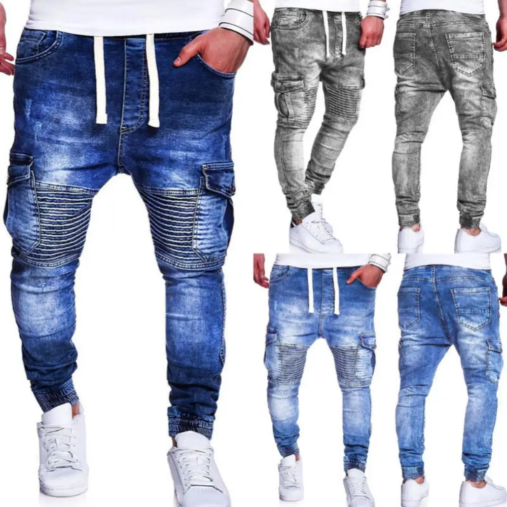

Fashion Multiple Pocket Pleated Knee Slim Men Jeans Drawstring Casual Long Pants Men's Clothing 2021