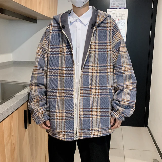 

Harajuku Hooded Grid Korea Type Bf Wind with Nood Coat Spring Autumn Streetwear Outside Loose Casual Safari Jacket Men Women