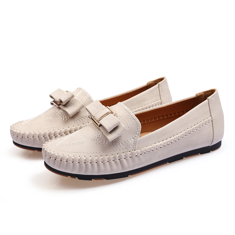 beige2 Женские зимние лоферы; женская обувь из искусственной кожи; балетки на плоской подошве без застежки с бантом со стразами; обувь в горошек; Мокасины размера плюс 41, 42 - Цвет: beige2