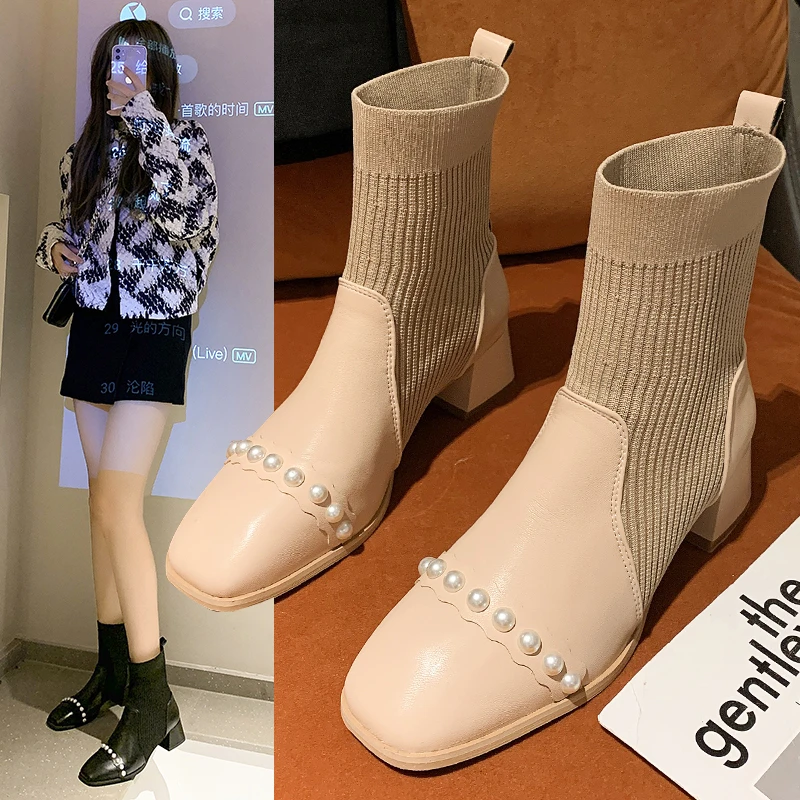 

Новинка 4,5, женские сапоги 2021 см, осенние сапоги из вязаной ткани с бусинами, Модные Остроносые короткие сапоги