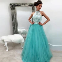 white lace appliques halter prom dresses long formal prom gowns turquoise evening dress ball gowns 2021 elegant party gowns