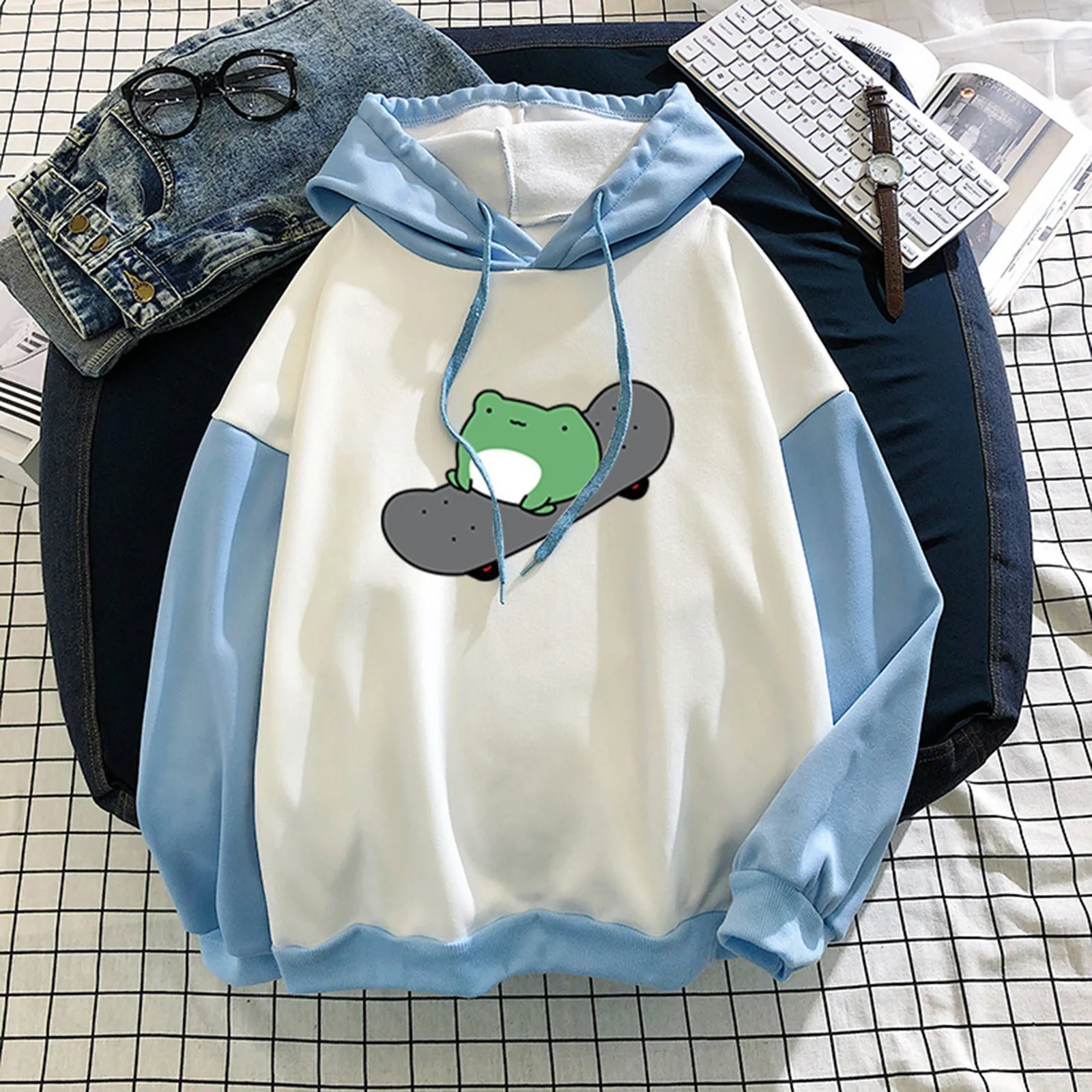 

Hoodies Oversize Sweatshirts Women Harajuku Splicing Frog Print Drawstrings Hooded Tops Loose High Street Autumn Spring Pullover