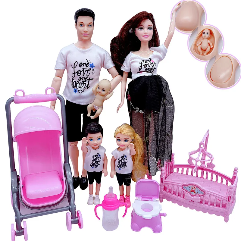 

5-Person family couple combination=11.5" Barbies pregnant doll mom/daddy/girl/stroller/dining chair children toy Christmas gift