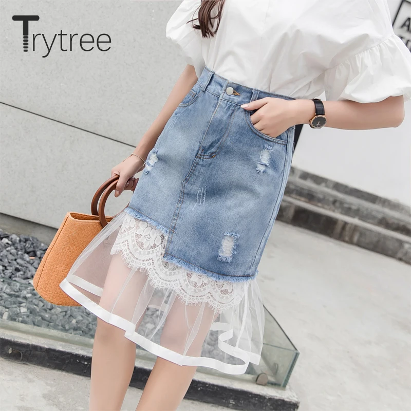 Весенняя женская повседневная юбка Trytree 2020 с карманами на пуговицах ковбойская
