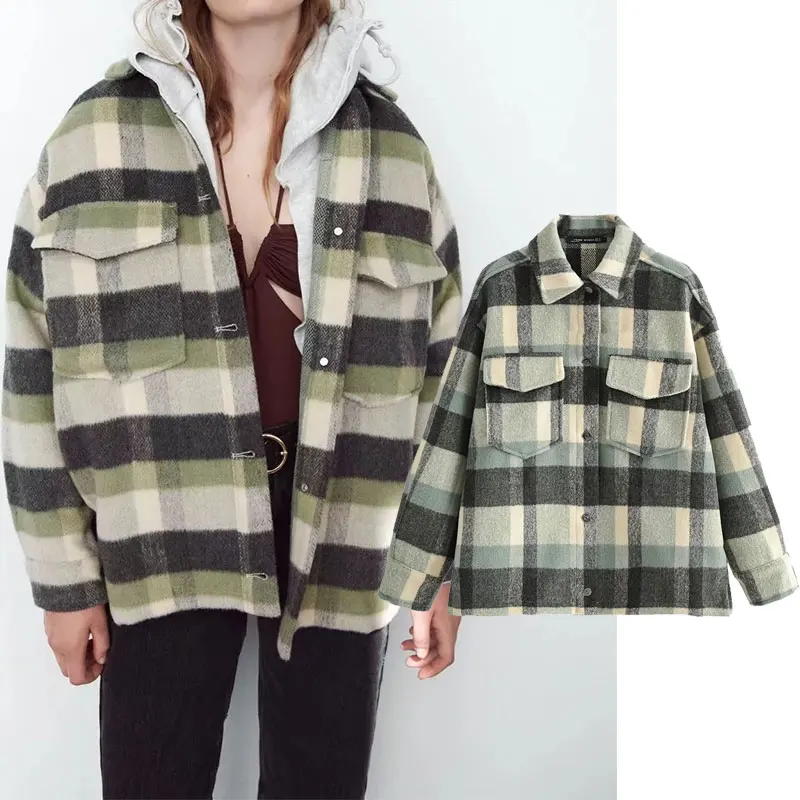 

Za Plaid Jacket Women Coat 2021 Autumn Winter Vintage Stylish Pockets Oversized Jacket Coat Casual Warm Chic Tops