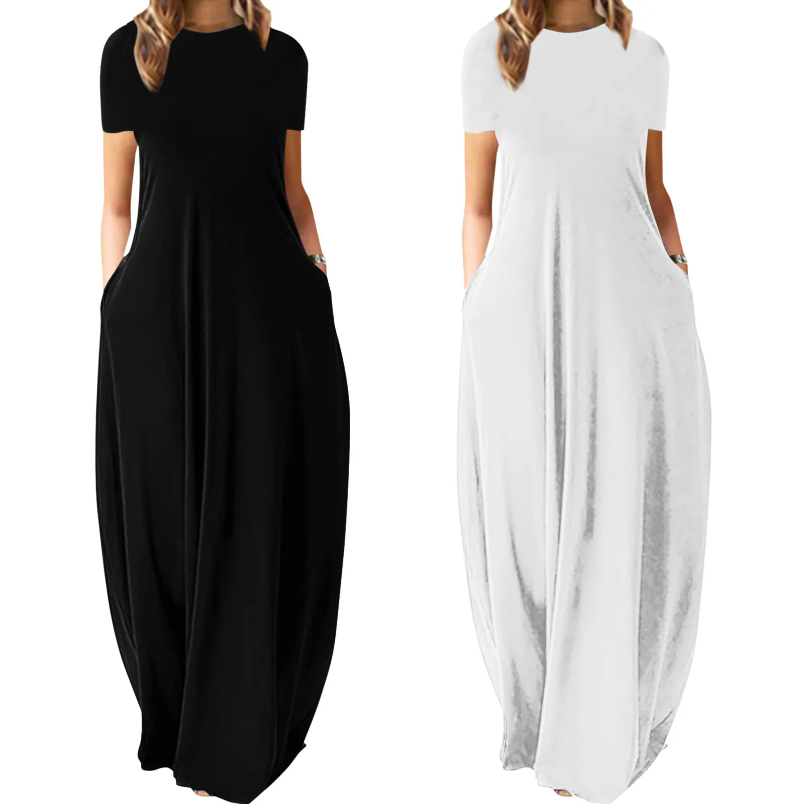 

Fashion Oversize Pocket Maxi Dress Women Simple Casual Streetwear Beach Holiday Dress 2021 New Female O Neck Classic Dress Robe