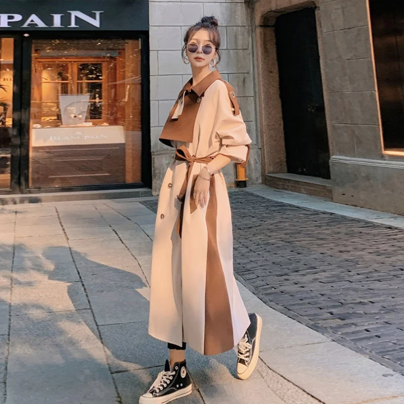 

Women's Windbreaker Quality Lining Double Breasted Fashion Coat Long Spring Autumn2021 New Korean Loose Stitching Color Lapel